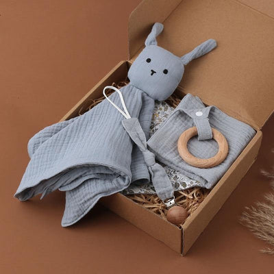 Blue Bunny Gift Box Set - Bib, Teether, Pacifier Chain Clip & Comforter - 