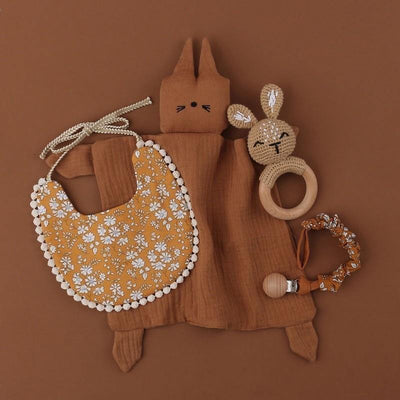 Brown Bunny Gift Box Set - Bib, Teether, Pacifier Chain Clip & Comforter - 