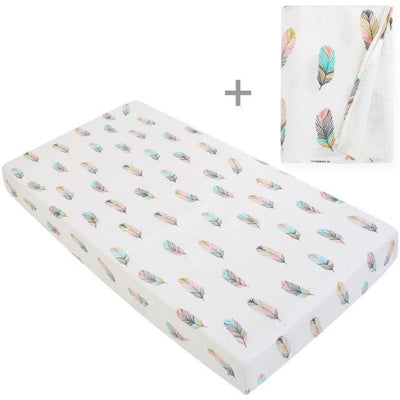 Fitted Cot Sheet & Muslin Swaddle Bundle - Feathers - 