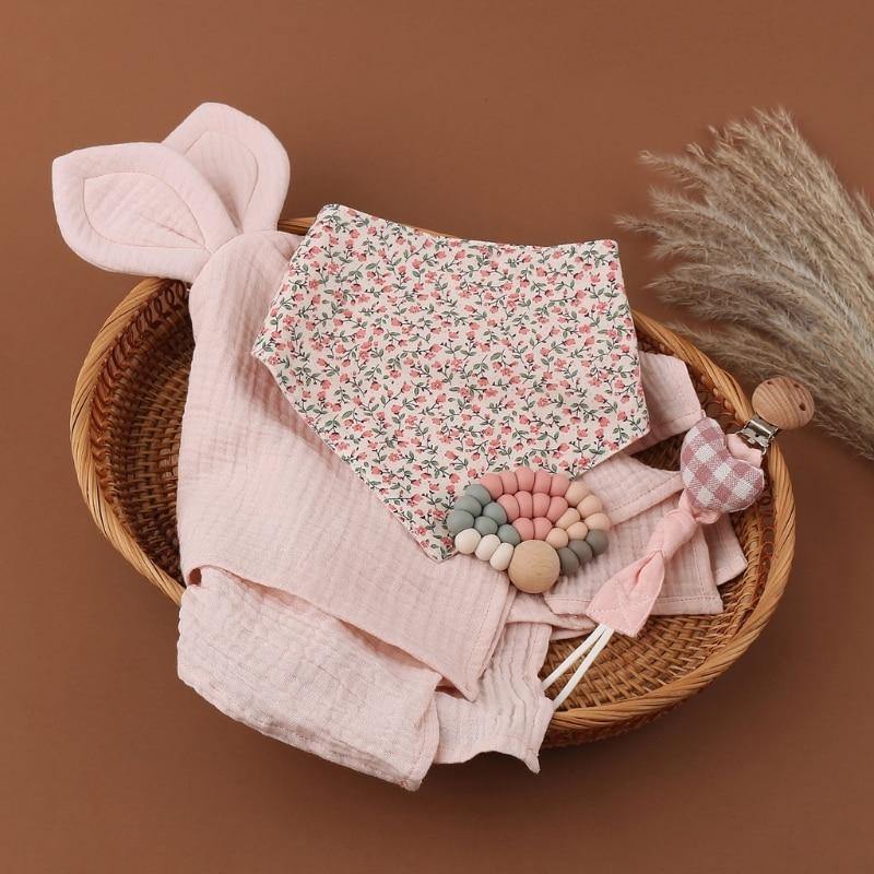Pink Baby Gift Box Set - Bib, Rainbow Teether, Pacifier Chain Clip & Comforter - 