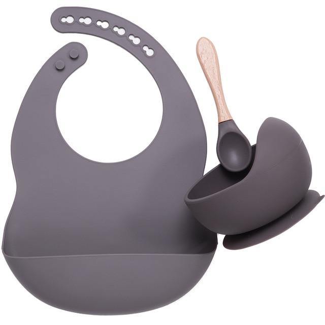 Silicone Bib, Suction Bowl and Spoon Set - Grey 