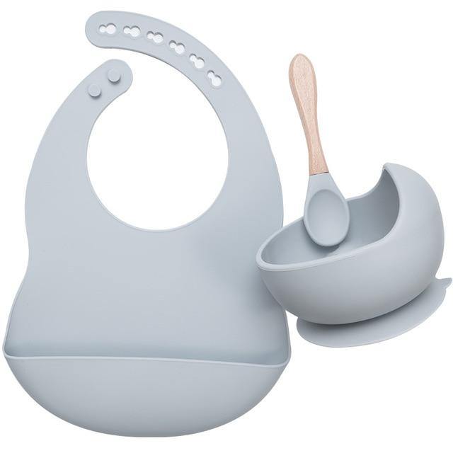 Silicone Bib, Suction Bowl and Spoon Set - Grey Blue 