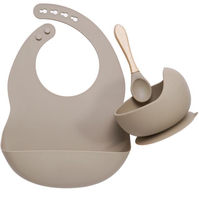 Silicone Bib, Suction Bowl and Spoon Set - Taupe 