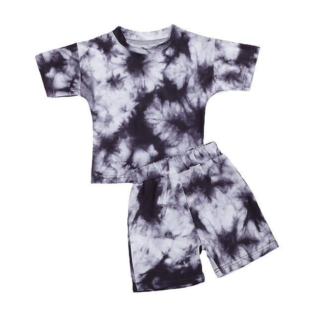 Tie Dye Print T-shirt +Shorts Outfit - Black 3 