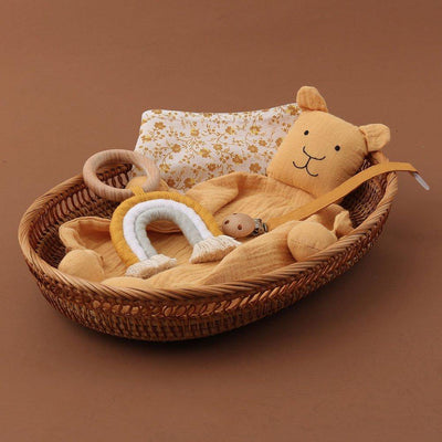 Baby Gift Box Set - Bib, Rainbow Wooden Teether, Pacifier Chain Clip & Comforter - 