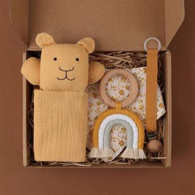 Baby Gift Box Set - Bib, Rainbow Wooden Teether, Pacifier Chain Clip & Comforter - 