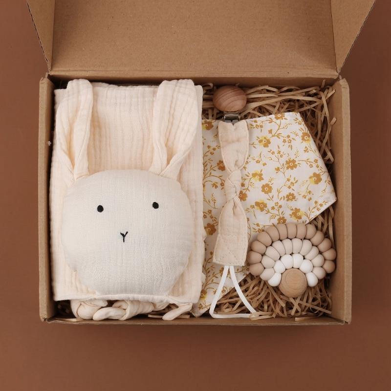 Bunny Gift Box Set - Bib, Teether, Pacifier Chain Clip & Comforter - 