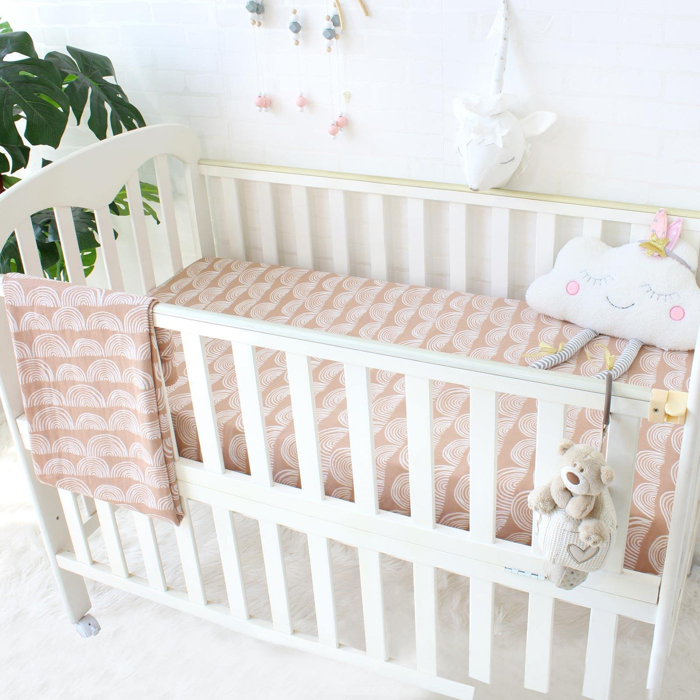 Fitted Cot Sheet & Muslin Swaddle Bundle - Pink Rainbows - 