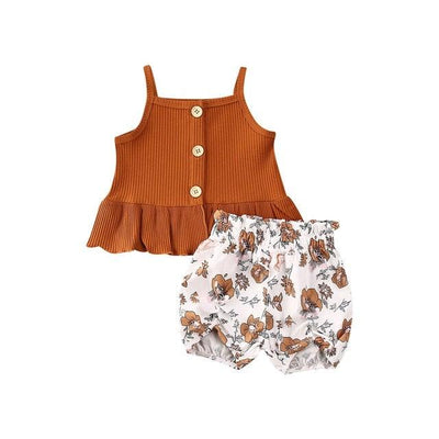 Peplum Top + Shorts (2PC Set) - Brown/Floral 2Y 