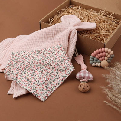 Pink Baby Gift Box Set - Bib, Rainbow Teether, Pacifier Chain Clip & Comforter - 