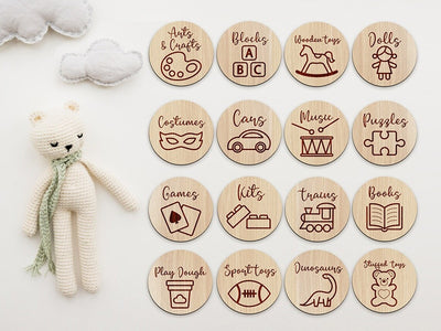 Wooden Storage Labels with illustrations (16 pc set)