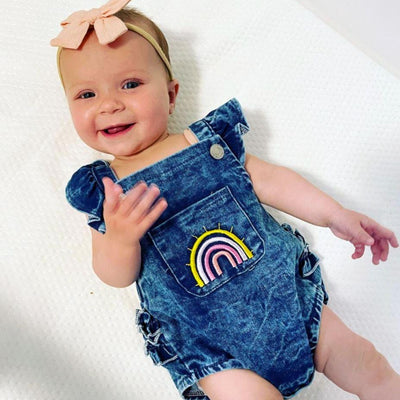 Rainbow Ruffle Denim Romper + Matching Headband - 