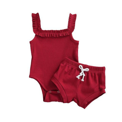 Ribbed Romper + Shorts (2pc set) - Red 12M 