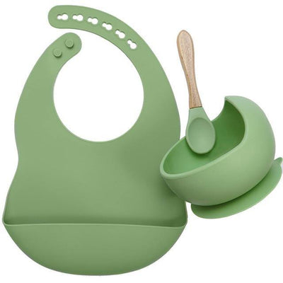 Silicone Bib, Suction Bowl and Spoon Set - Mint Pea 