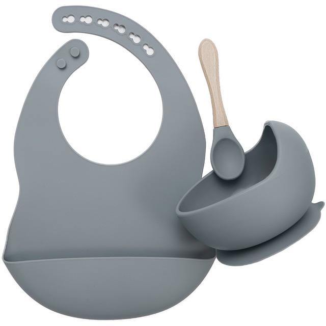Silicone Bib, Suction Bowl and Spoon Set - Pebble 