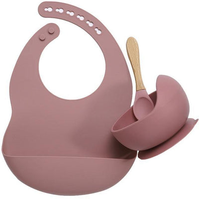 Silicone Bib, Suction Bowl and Spoon Set - Rose 