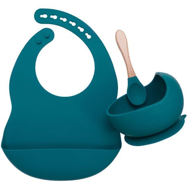 Silicone Bib, Suction Bowl and Spoon Set - Teal 