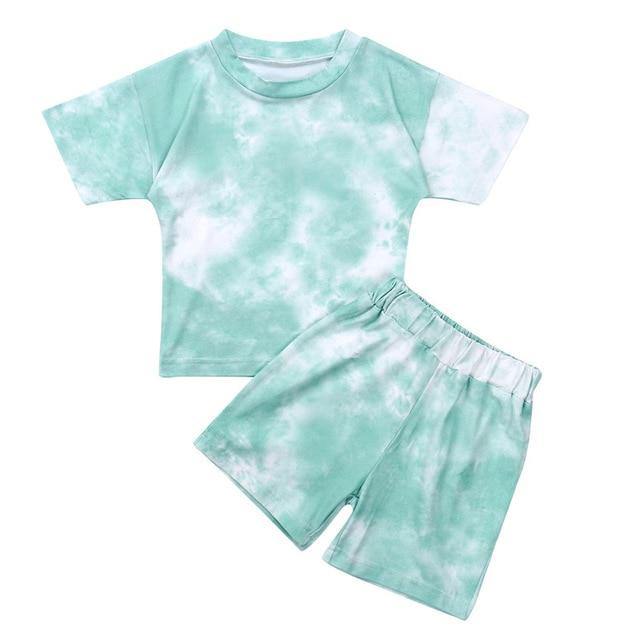 Tie Dye Print T-shirt +Shorts Outfit - Green 3 