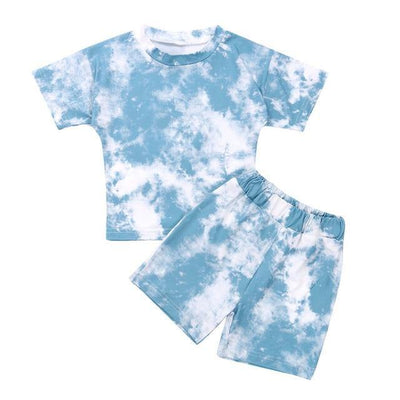 Tie Dye Print T-shirt +Shorts Outfit - Light Blue 3 