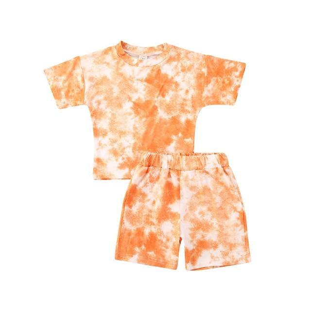 Tie Dye Print T-shirt +Shorts Outfit - Orange 12M 