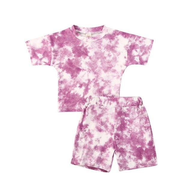 Tie Dye Print T-shirt +Shorts Outfit - Purple 4 