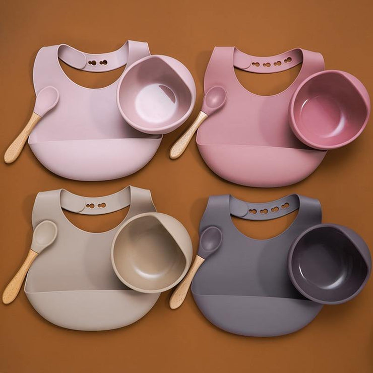 Silicone Bib, Suction Bowl and Spoon Set - 