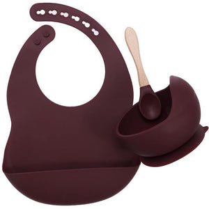 Silicone Bib, Suction Bowl and Spoon Set - Merlot 
