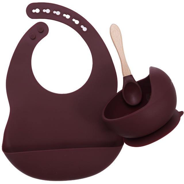Silicone Bib, Suction Bowl and Spoon Set - Merlot 
